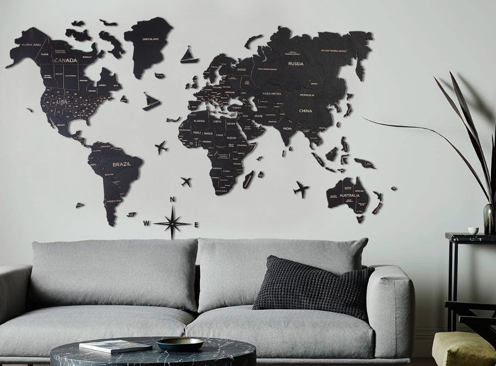 houten wand wereldkaart kleur zwart