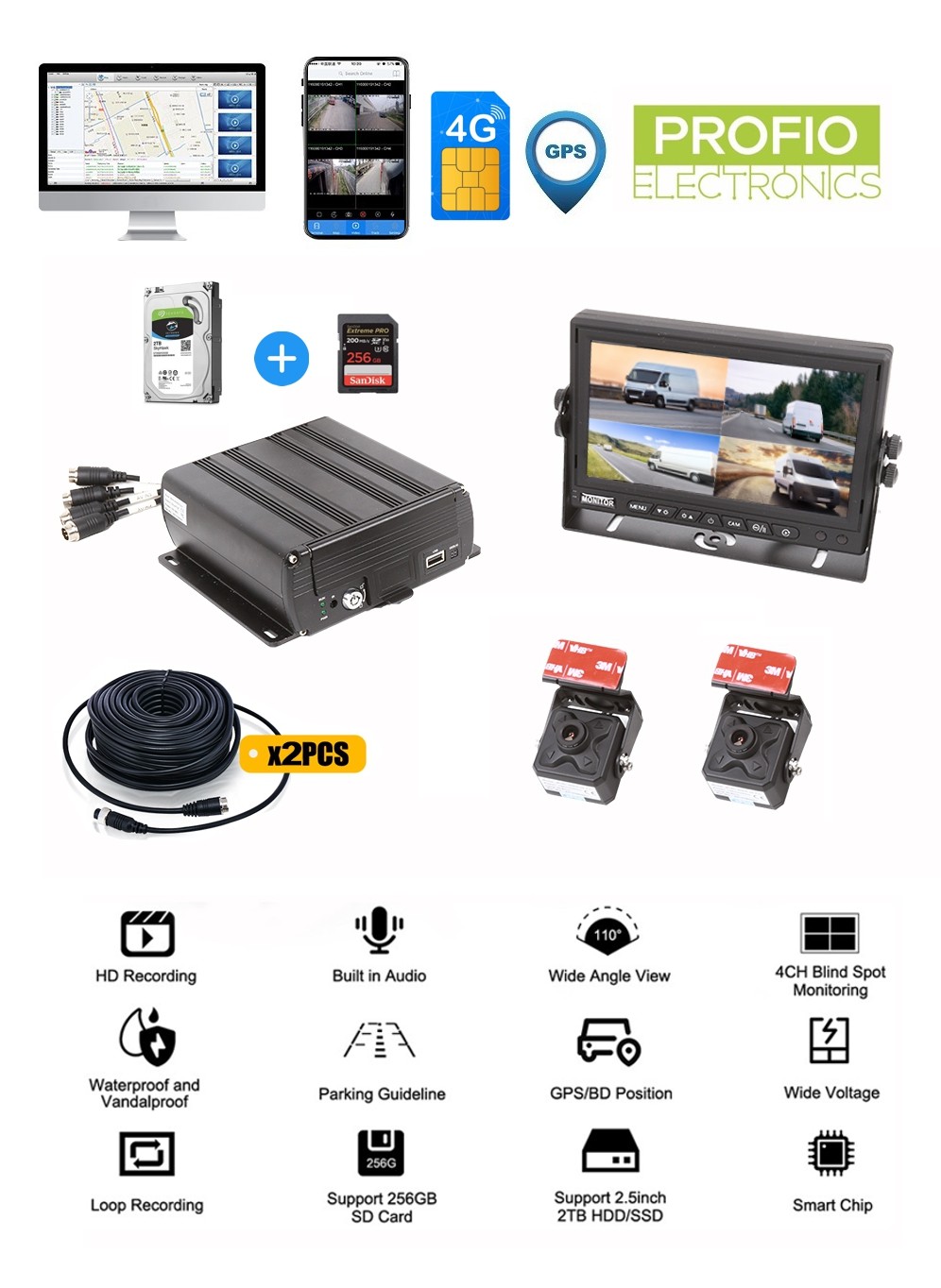 auto dvr live monitoring opname 4 camera's 4g sim-ondersteuning