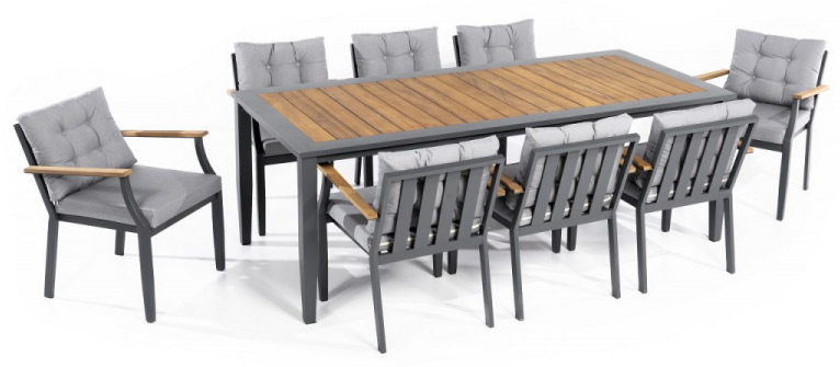 Tuinzittafels en stoelen gemaakt van aluminium en hout