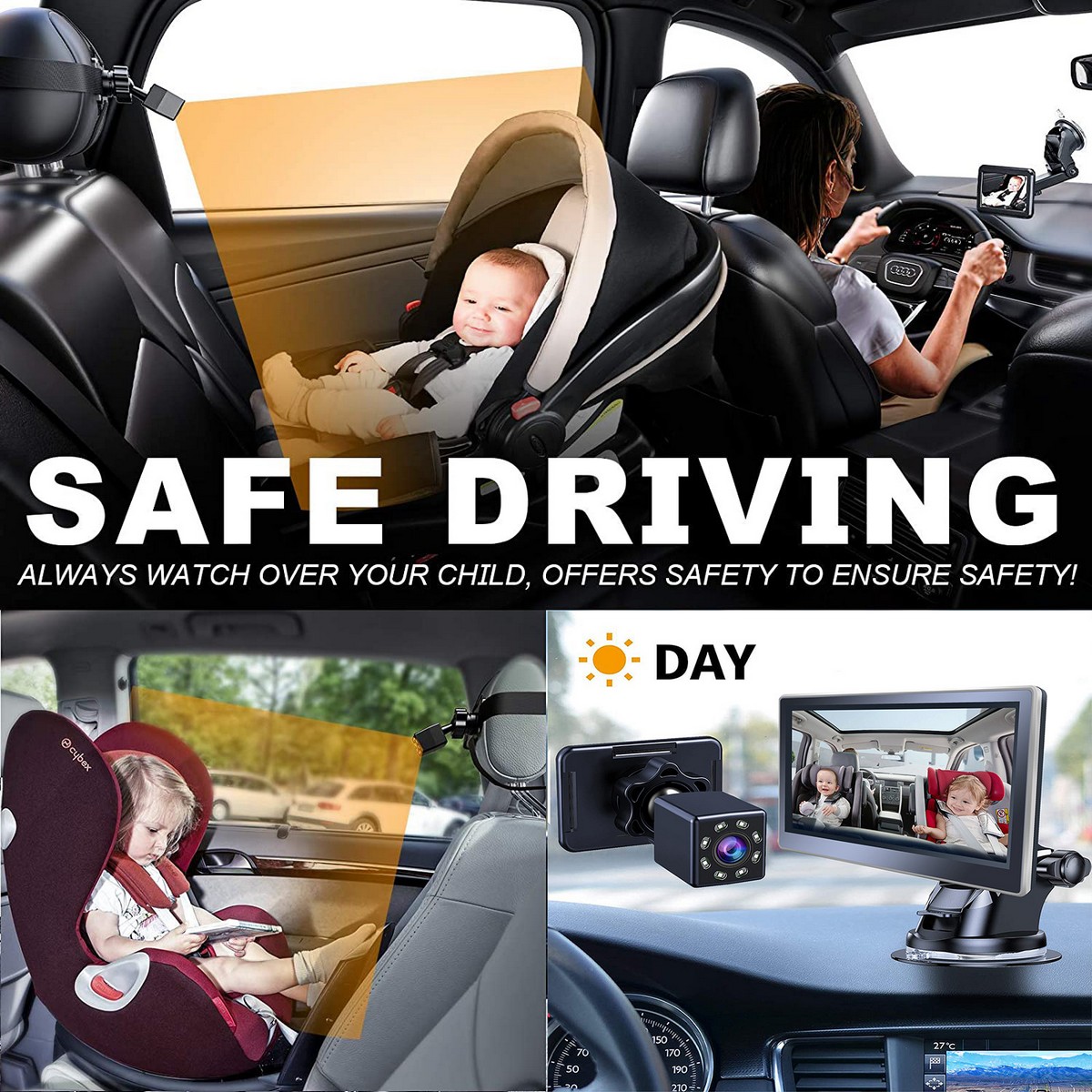 toezicht op kinderen in auto IR-cameraset met monitor