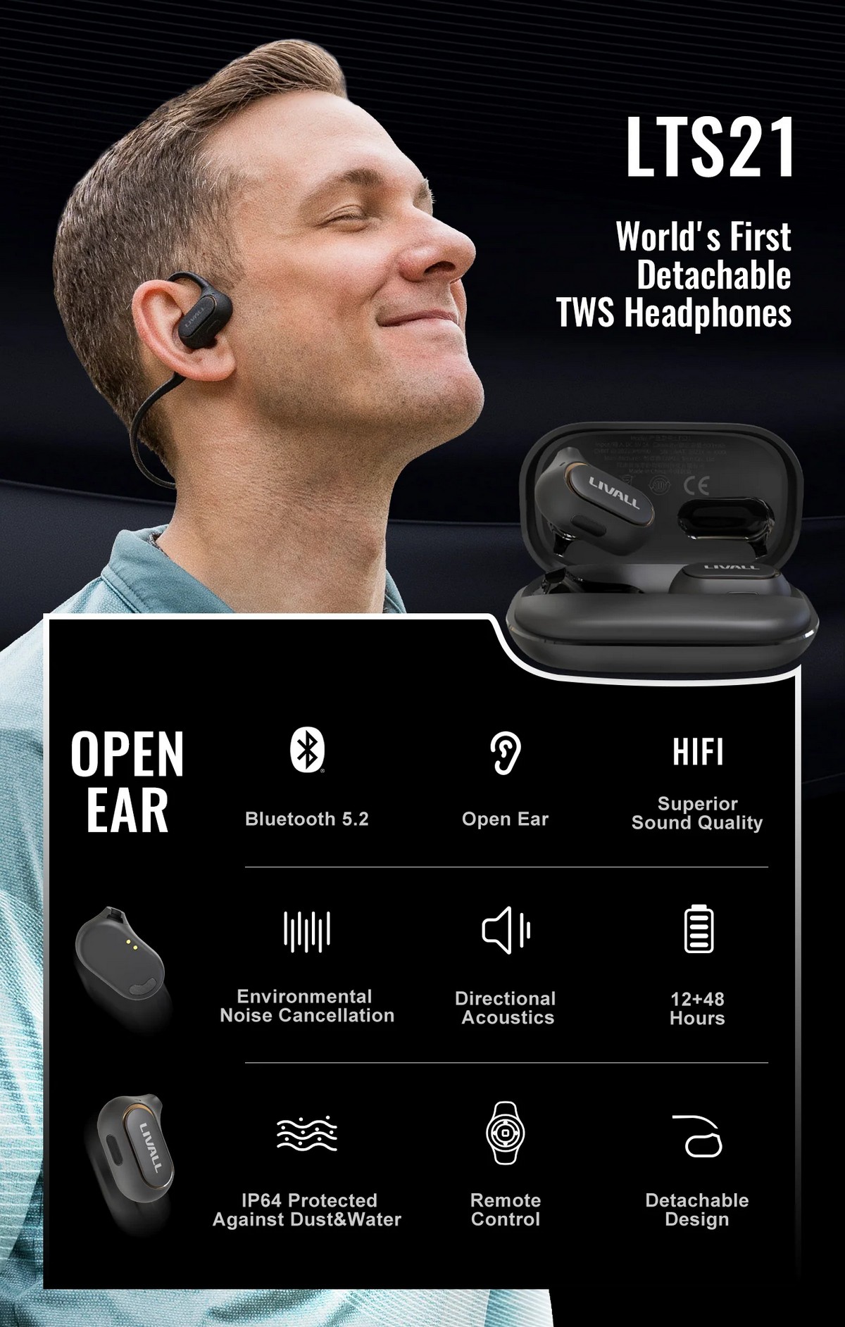 Draadloze sporthoofdtelefoon met bluetooth - afneembaar ontwerp met open oor