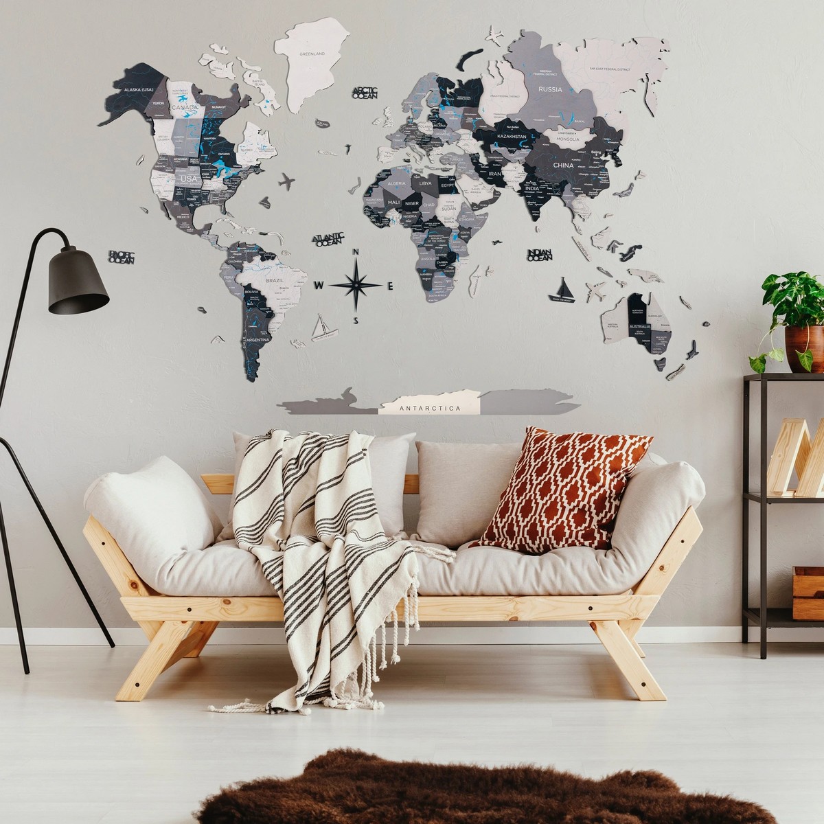 handgekleurde 3D-kaart van de wereld aan de muur
