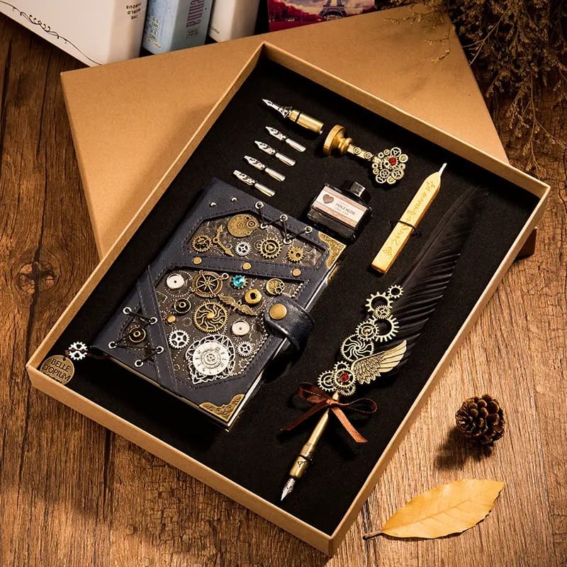 Steampunk notitieboek + verenpen dip - exclusieve luxe geschenkpennenset