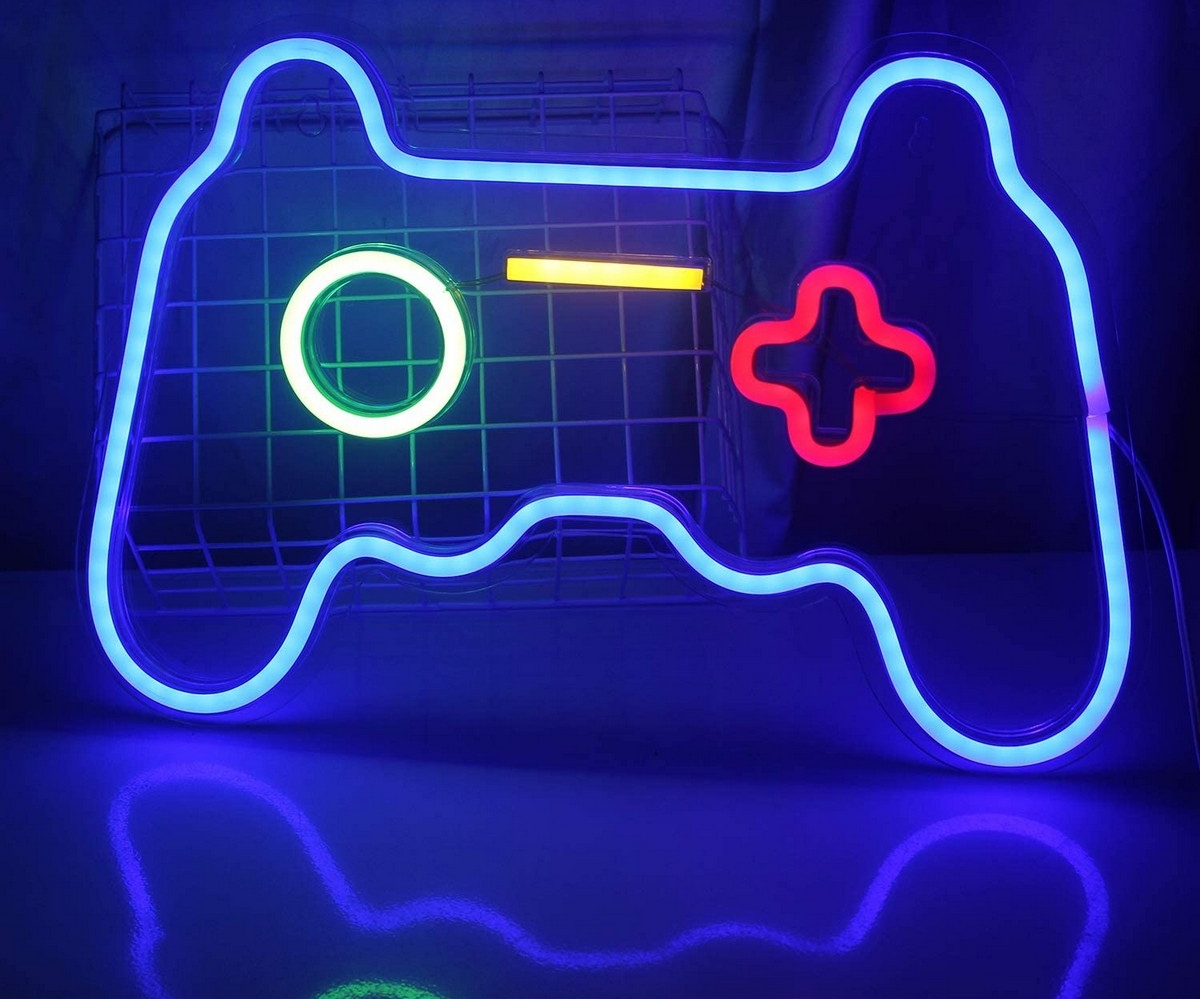 neon led-logo op wandverlichting - gamepad