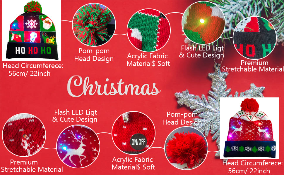 Kerstmutsen voor de winter met diverse motieven (dessins) verlicht met LED