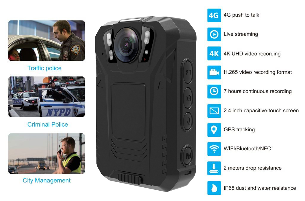 Politie lichaamscamera 4G body cam wifi bluetooth PTT IP68 NFC